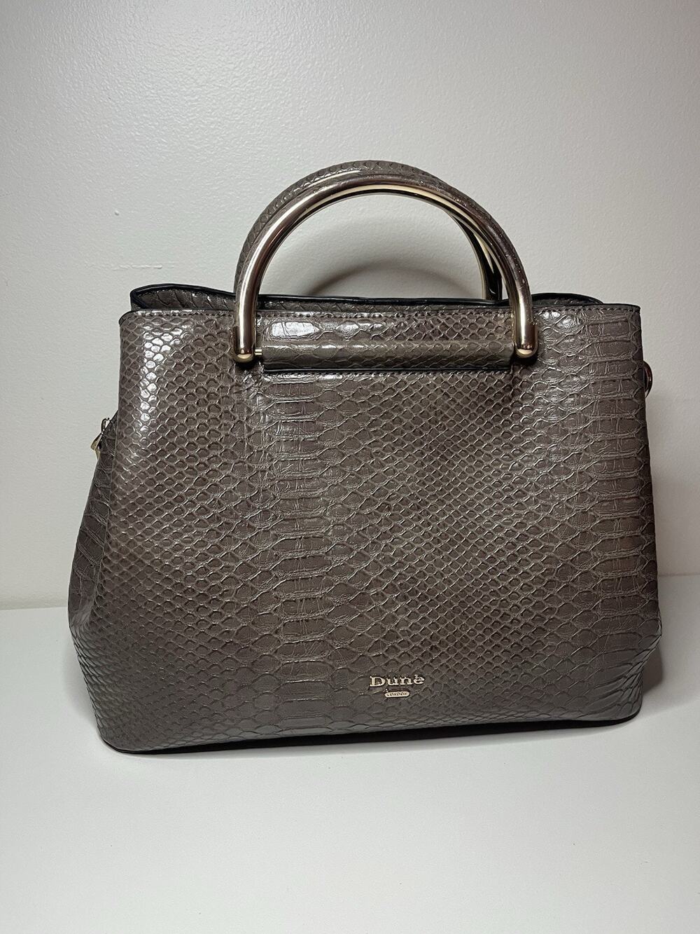 Dune London Tote Bag Gray Brown Faux Snakeskin Gold Metal Double Handle EUC!